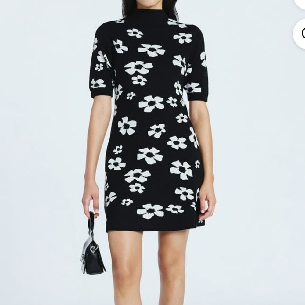 NEW Scoop Jacquard black floral sweater mini dress short sleeves mock neck XL 16